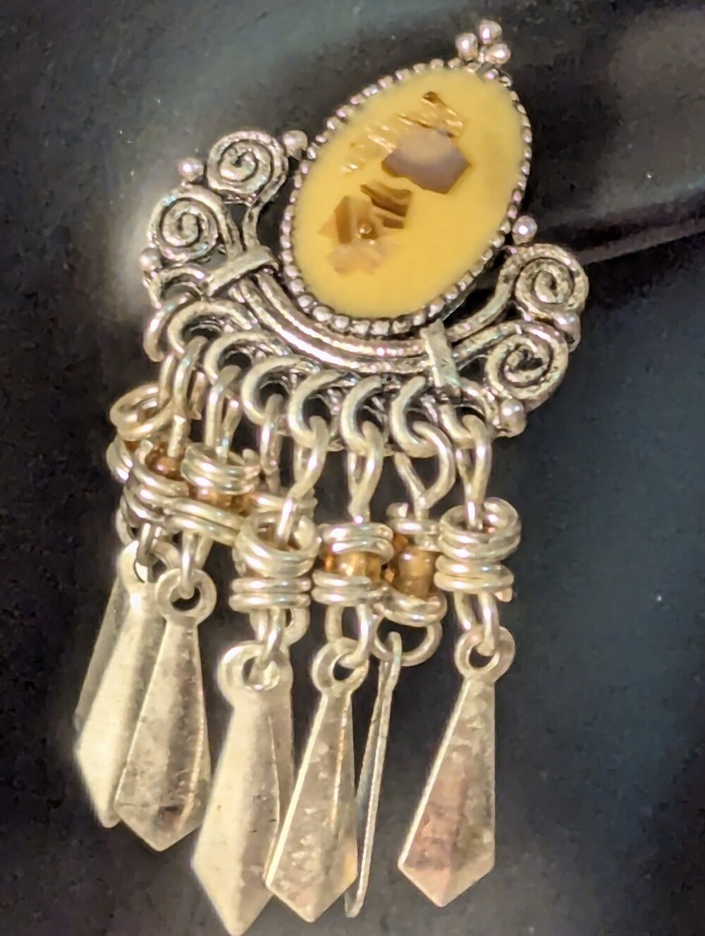 Boho Tribal VTG Y2K Silver Faux Amber Fringe Necklace & Earring Set + FREE GIFT